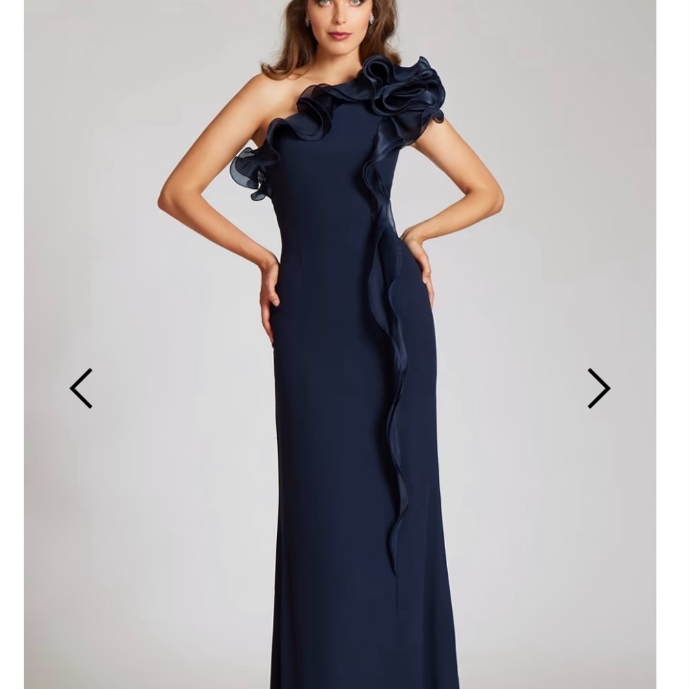 Teri Jon Blue One-Shoulder Ruffled Gown